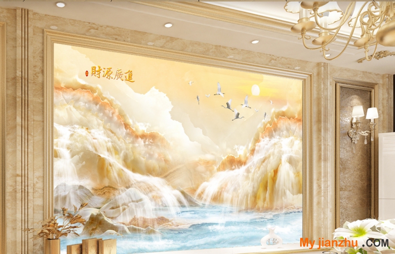 財源廣進大氣山水大理石紋背景墻